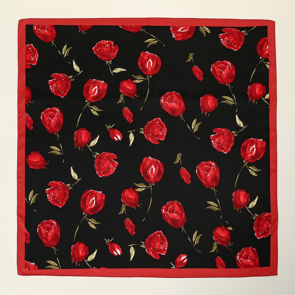 Summer Casual Rose Printed Hijab Bandana Square Satin Silk Scarf For Muslim Woman Hairband Ladies Wraps Headband 85*85Cm