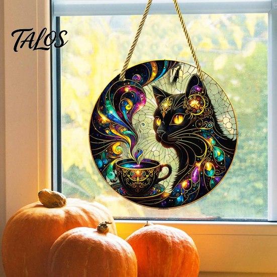Stylish Cat Hanging Sign Moon Halloween Window Decor, Mystical Black Round Decorative Art for Indoor Outdoor Wall Art, Gothic Home Porch Door Ornament