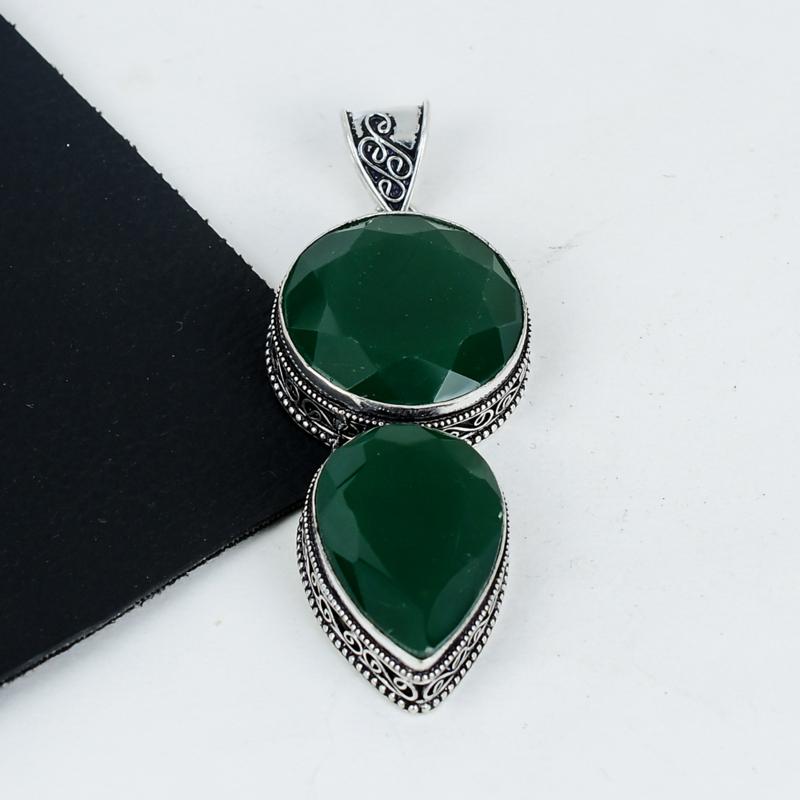 Smaragd Edelstein Anhänger 925 Sterlingsilber - Handgefertigtes Design, Alltagsschmuck, Einzigartige Smaragd Doppelstein Anhänger Geschenke