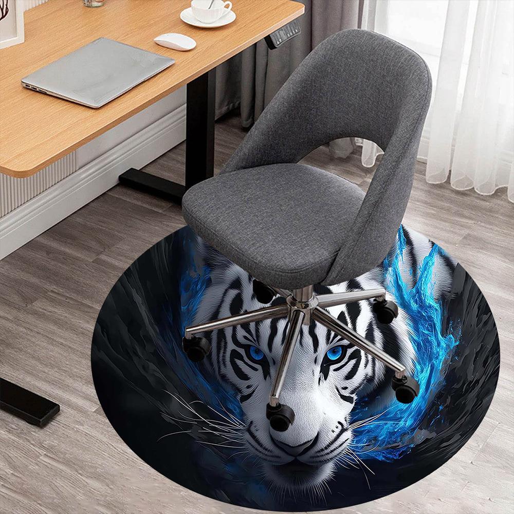 1PC White Tiger Blue Eyes Round Chair mat Area Rug - Non-Slip, Floor Mat for Office, Bedroom, home decor Christmas Gift c0528138