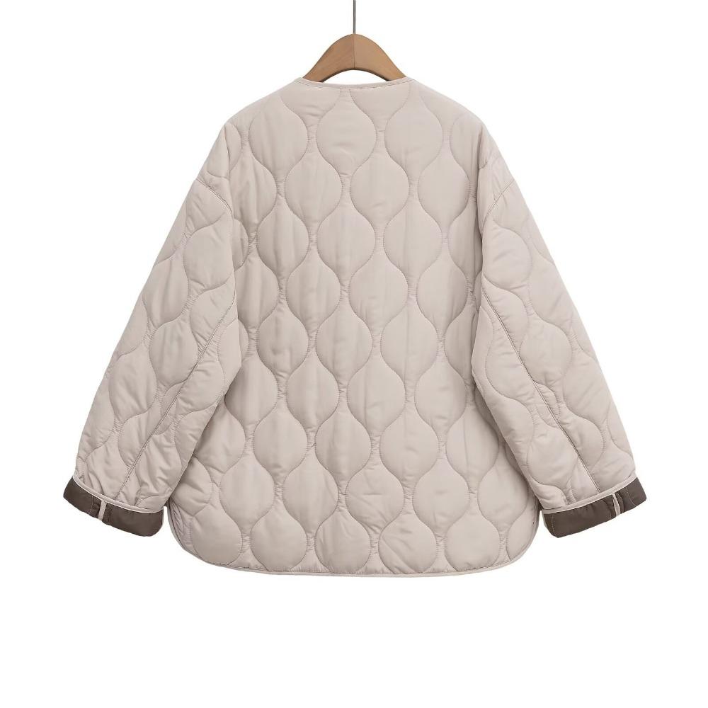 Autumn and Winter Women's Comfortable Round Neck Long Sleeve Zipper Pocket Quilted Cotton Jacket