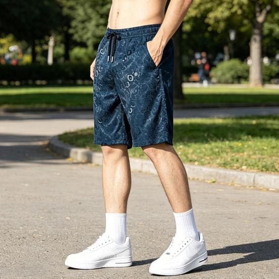 Men Shorts Mid-rise Elastic Waistband Athletic Shorts with Drawstring Pockets Printing Wide Leg Summer Beach Casual Shorts