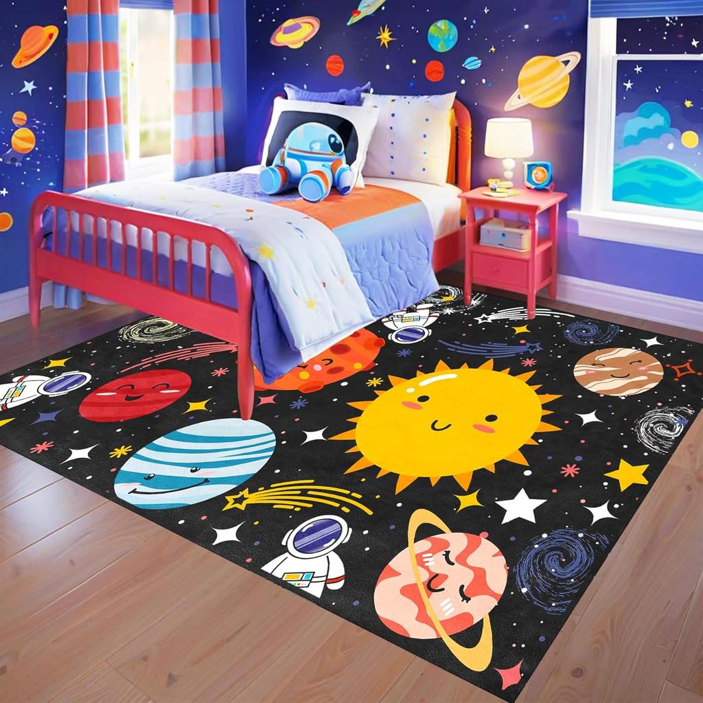 Solar System Rug for Kids - Galaxy Themed Playroom Carpet, Non-Slip Planet Print Floor Mat for Boys Bedroom, Classroom Decor