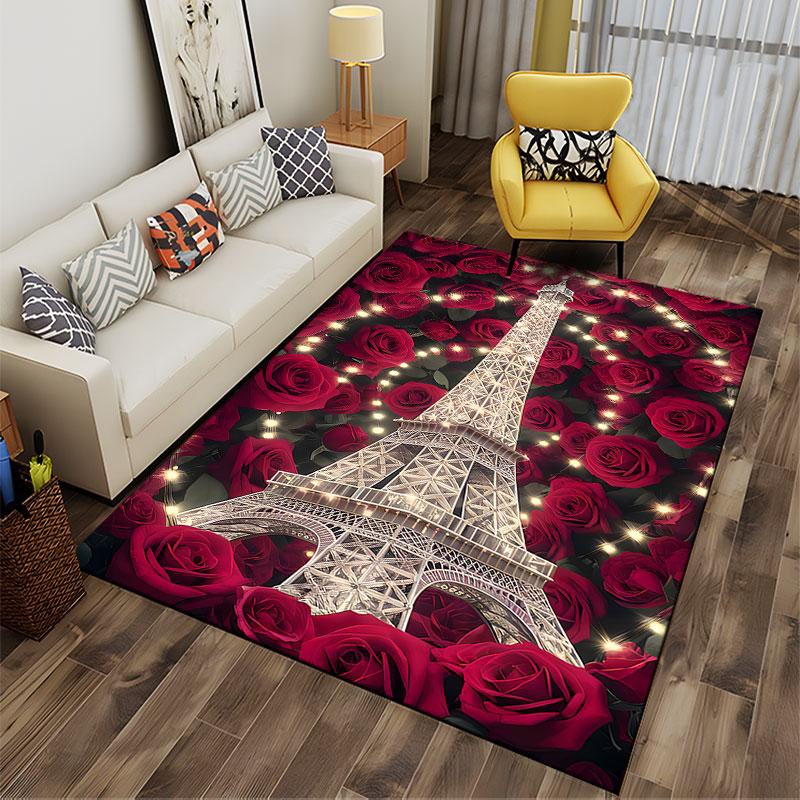 Eiffel Tower with Red Roses suitable as a non-slip mat for the living room or bedroom sofa