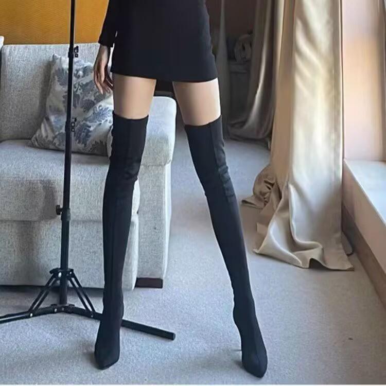 Pointed over-the-knee boots women's 2025 autumn and winter new suede integrated boots high-heeled nude boots elastic boots