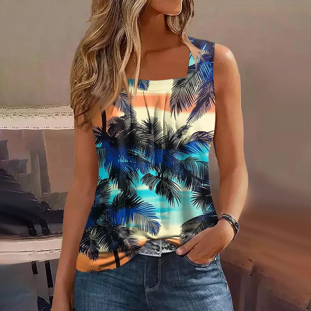 Damen Sommer Casual Plissee Quadratischer Ausschnitt Ärmelloses Tank Top Bedrucktes T-Shirt