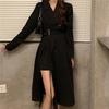 Rochie midi de toamnă pentru femei cu centură Rochii neagră sexy de dimensiuni mari, stil coreean, mânecă lungă, cu fantă laterală, linie A