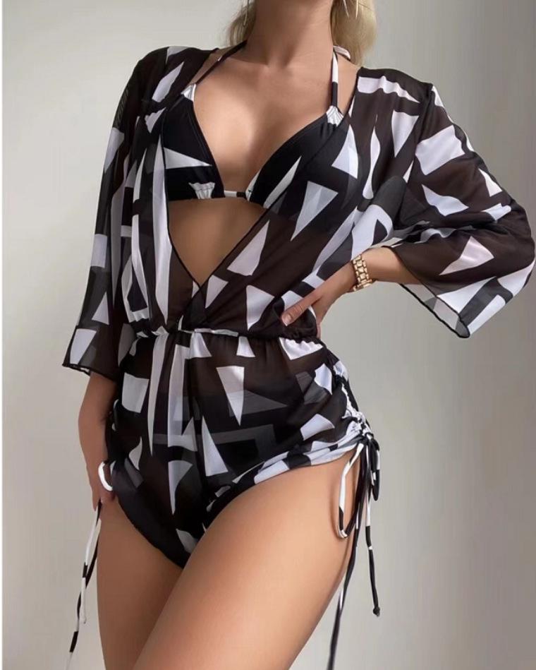 2023 European & American Sexy Three-Piece Digital Print Swimsuit Beach Bikini Set
