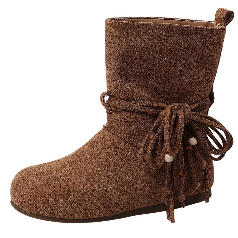 Fashion Tassel Bow Thick Heel Short Boots Women's Autumn and Winter Retro Style New Suede Temperament Versatile Fashion Boots