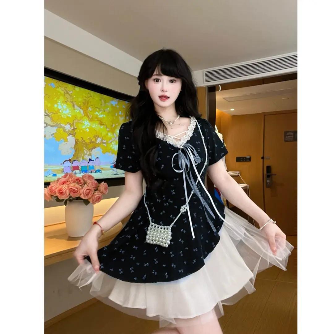Sweet waist irregular mesh dress temperament lace floral dress M