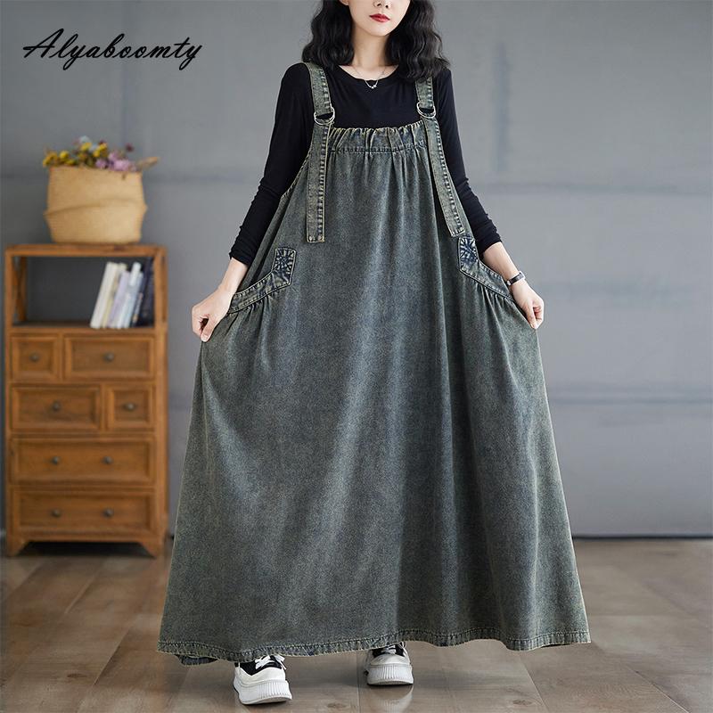 

Корейский стиль осень-зима женское платье-миди больших размеров на подтяжках коричневое сине-зеленое повседневное свободное платье без рукавов стильное мешковатое джинсовое платье XL синий