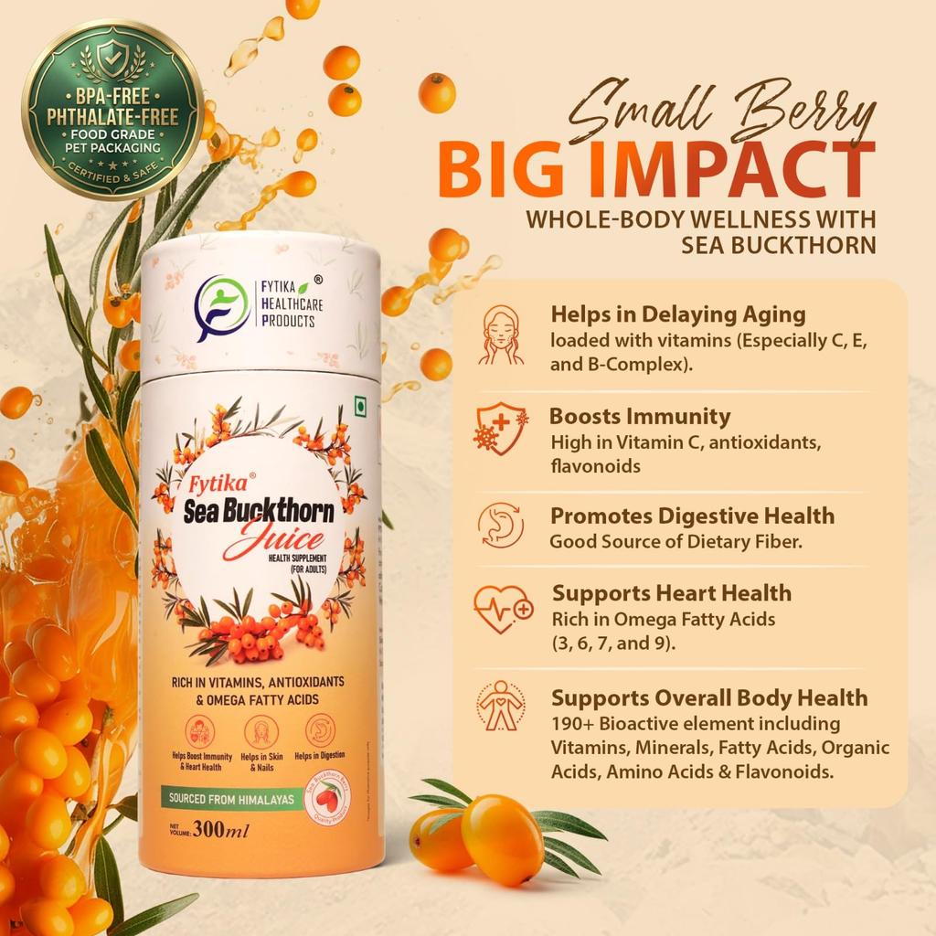 Fytika Sea Buckthorn Juice - 300 ML (PACK OF 1) | Pulp Concentrate Made for Your Total Body Care & Wellness | Rich in Vitamin C, Omega 3, 6, 7, 9