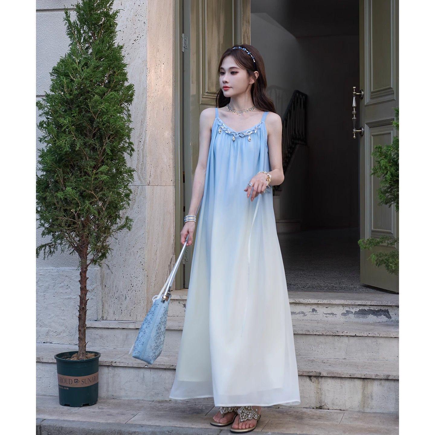 

French Holiday Gradient Blue Camisole Dress – Women s Summer Beach Travel Outfit, Elegant and Fairy-Inspired Long Dress. S