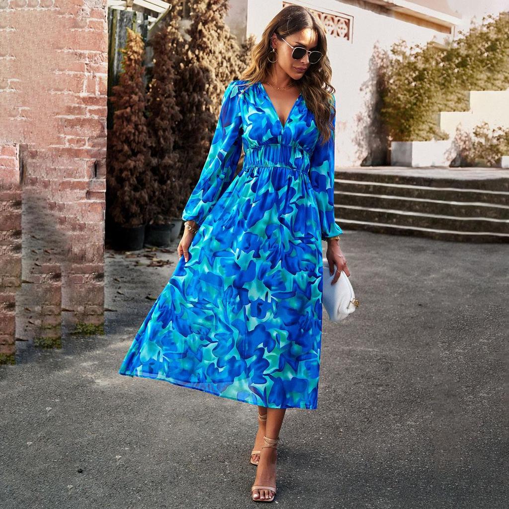 Women Autumn Winter Long Sleeve Print V-neck Casual A-Line Knee Length High Waist Dress