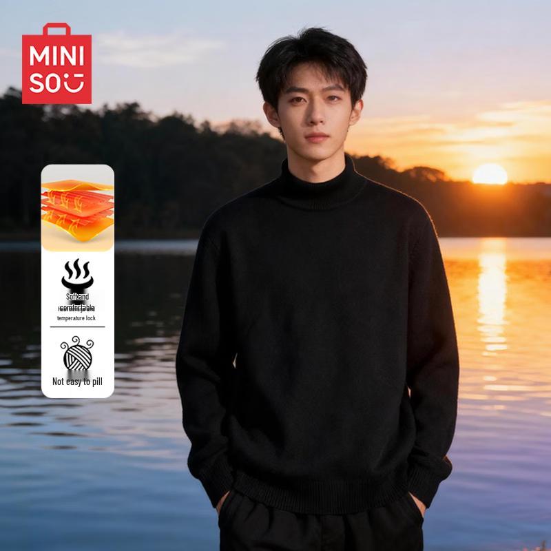 MINISO Men's American Retro Plush Mock Neck Sweater