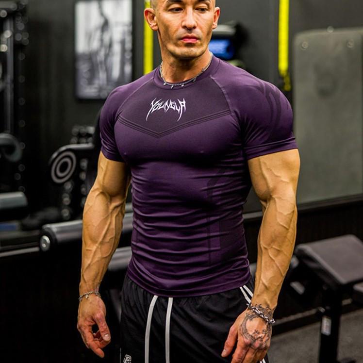 YOUNGAL Men's High Elastic Short Sleeve Sports T-shirt Bodysuit for Fitness Training