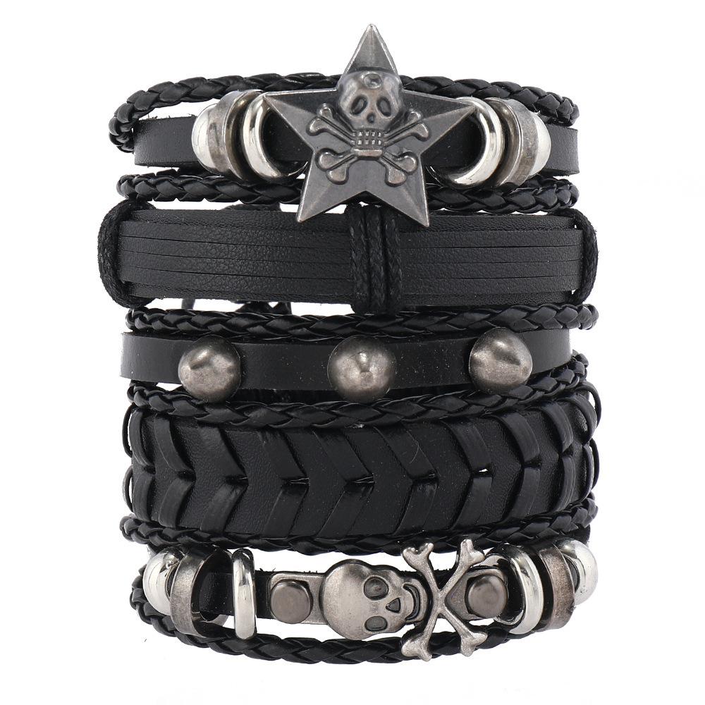 Men's Punk Skull Leather Bracelet Set Multi-Layer Gothic Rock Chain Bracelets Pentagram Charm Hip Hop Streetwear Badge Jewelry Accessories for Him