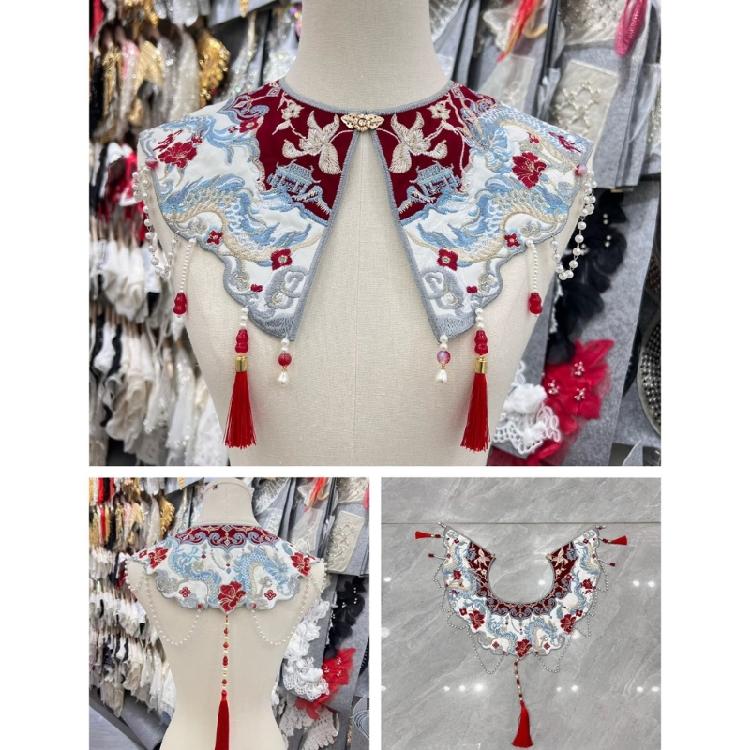 Stylish Detachable Embroidered Collar With Bead Embellishments Soft Polyester Fabric For Blouses And Dresses