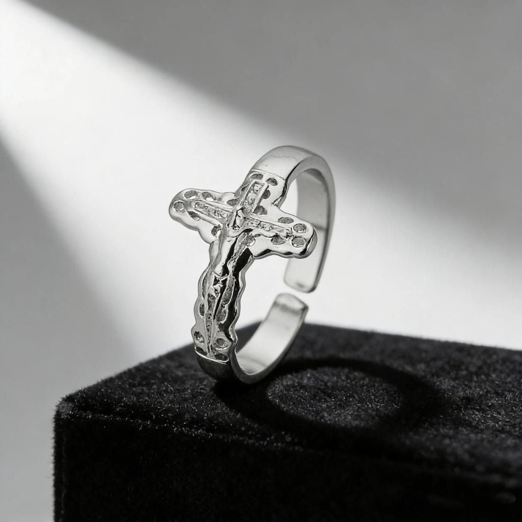 Vintage Jesus Cross Faith Exquisite Rings for Women Men Stainless Steel Jesus Cross Adjustable Ring Religious Party Jewelry Gift