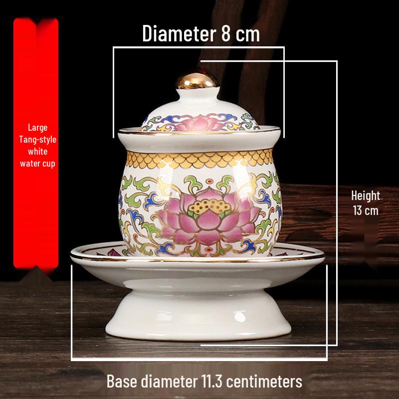 Coppa per Acqua per Altare Buddista in Ceramica di Loto con Mantra della Grande Compassione - Tazza per Offerte a Guanyin