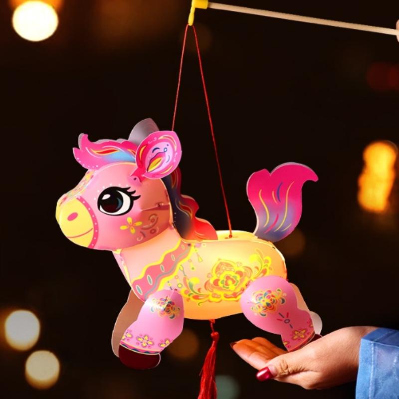Cartoon Pony Pattern Lantern Handmade Diy Material Bag Spring Festival Lantern Glowing Handheld Lantern  Year Decorations