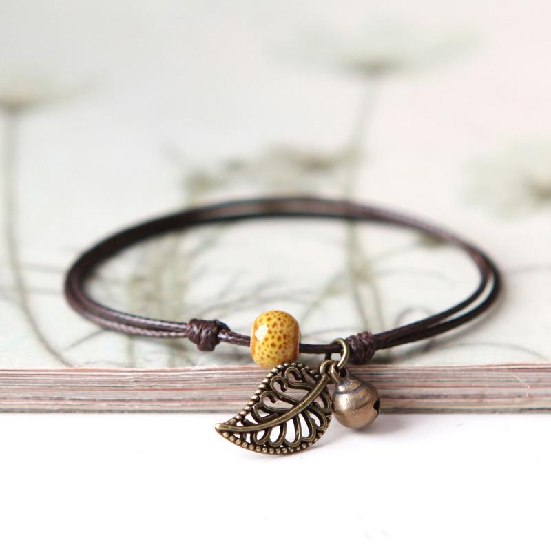 Ethnic Style Anklet For Women Vintage Bronze Leaf & Bell With Colorful Ceramic Bead Pendant On Leather Rope