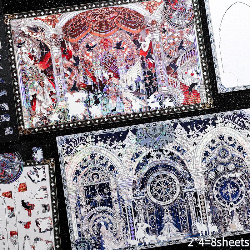 6 volumes/set, vintage stickers, silver versatile decorative patterns, high-value planner diy decoration materials, self adhesive 8 sheets