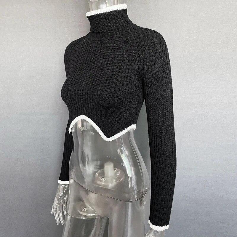 Fashion Turtleneck Irregular Hem Women Short Sweater Autumn Winter Long Sleeve Knitted Pullover Tops Elegant Sueter Mujer 30568