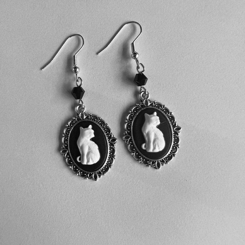 Gothic Black Cat Silver Frame Earrings with Black Beads