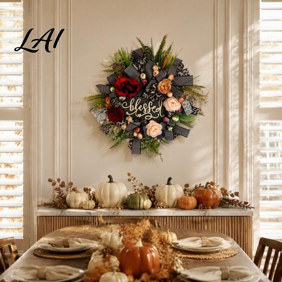 All Season Floral Decor Fall Leopard Print Wreath for Front Door Artificial with Home Blessed Sign Faux Peony Flower Wall Hanging Thanksgiving