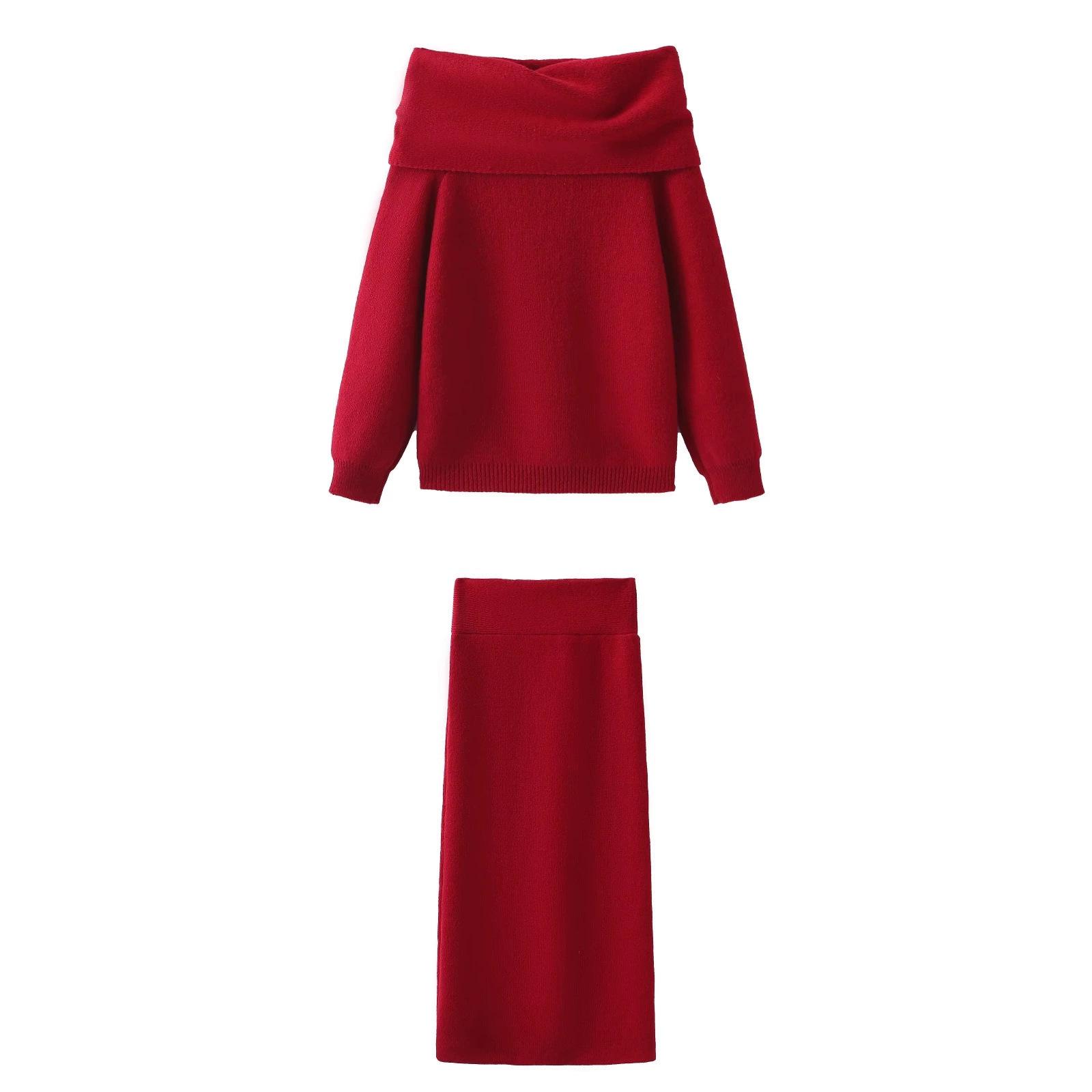 

Elegant Spring 2025 Off-Shoulder Knit Set: Long-Sleeved Short Sweater & High-Waisted Long Skirt. Small темно-червоний колір