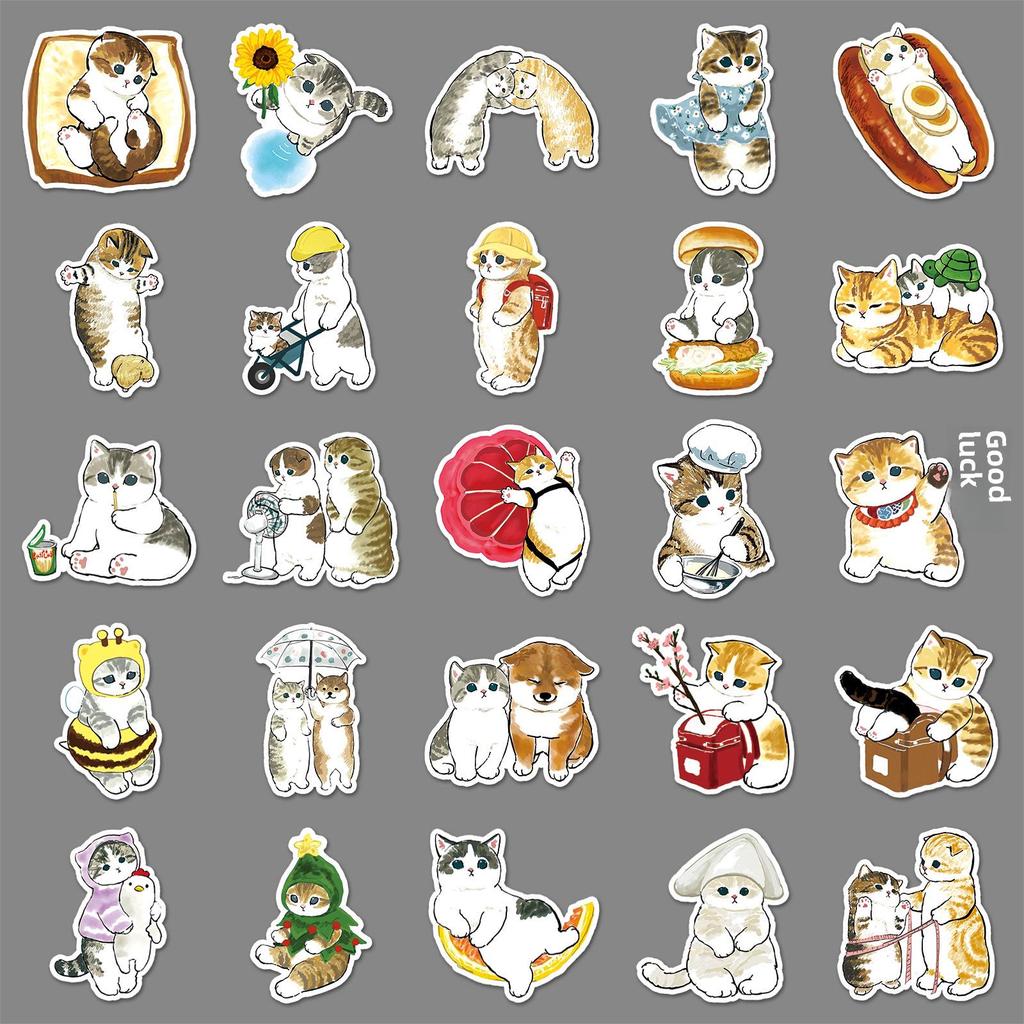50 Hand-Painted Cute Cartoon Kitten Stickers for Cards, Cups, and Luggage
