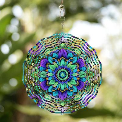 Giruetă de Vânt de Grădină 10 Inch Decor Suspendat de Exterior Artă Metalică Rotativă la 360 de Grade cu Culori Vibrante Albastru, Violet, Verde, Rustic