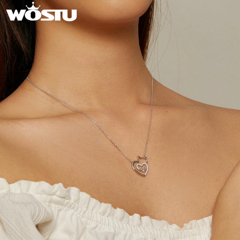 WOSTU Lovely Cat Heart Chain Necklace For Women 925 Sterling Silver Shiny Zircon Kitty Links Girl Jewelry Birthday Party Gift