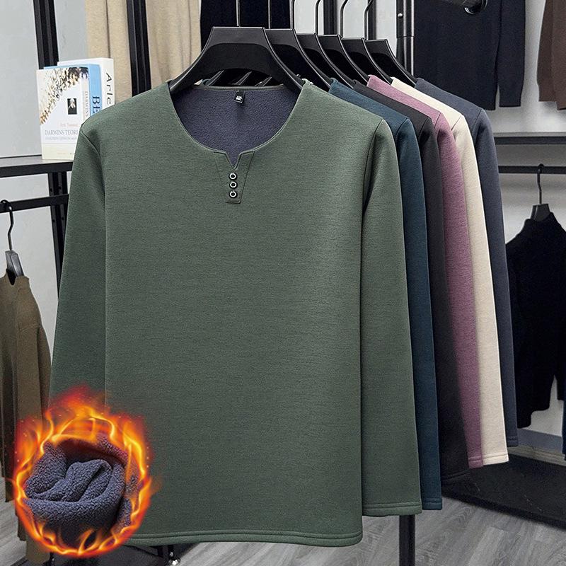 2025 Men's V-Neck Long Sleeve Plus Velvet Thickened T-shirt - Autumn/Winter, Youth Plus Size, Solid Color Base Layer