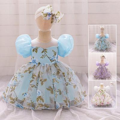 One-Year-Old Baby Girl Princess Birthday Mesh Dress with Flowers & Hair Accessories