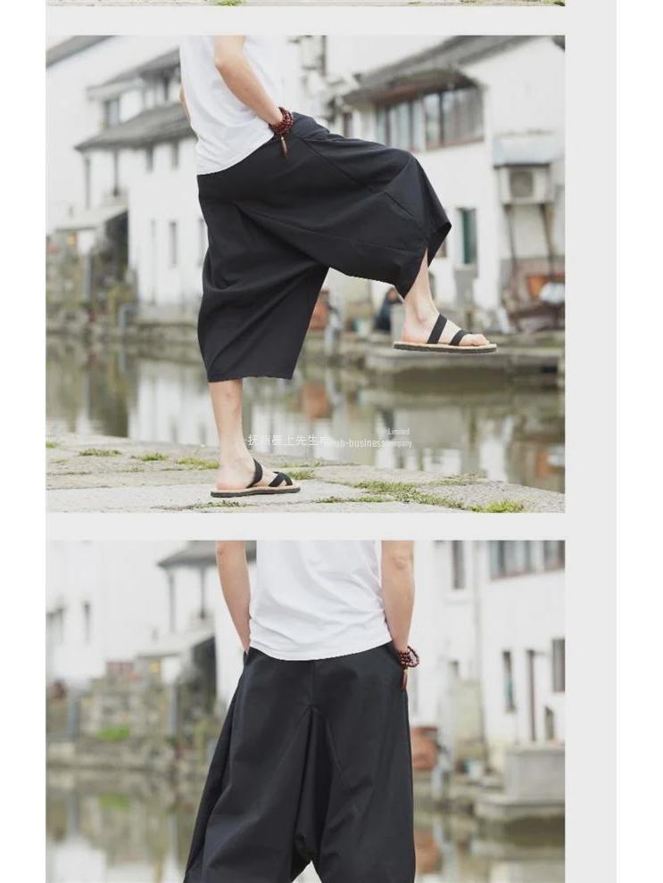 Men's Loose Summer Wide-Leg Ethnic Linen Cropped Pants - Nepalese Style Hip-Hop Design