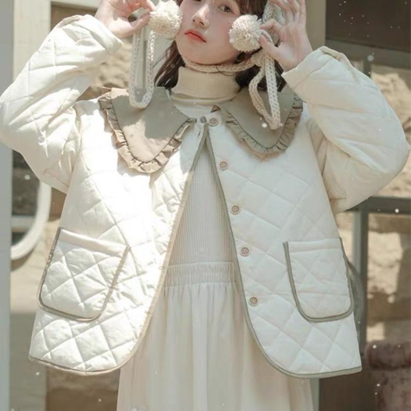 Women's Winter Retro Literary Academy Style Cotton Padded Jacket Thickened Warm Short Doll Collar Cotton Coat