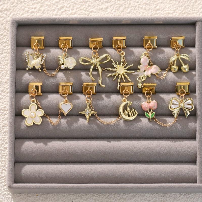 Gold Color Cute Cat Paw Pearls Bow Knot Rose Chain Tassel Italian Charm Links Fit 9mm Bracelet Stainless Steel Women DIY Making