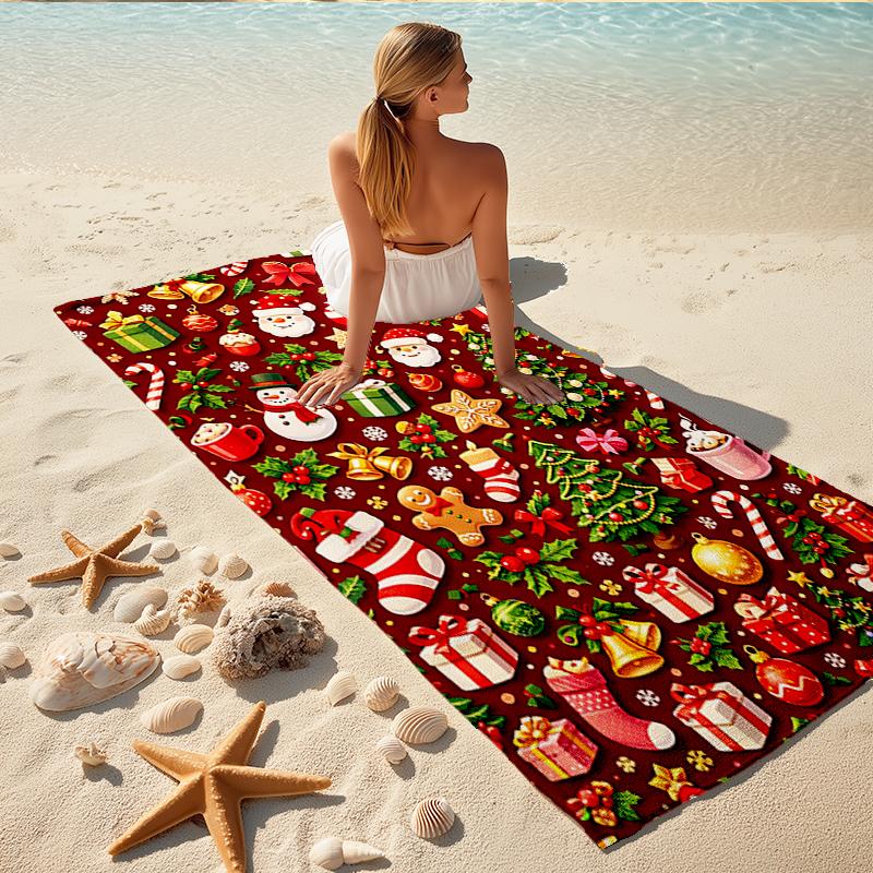1Pc Christmas Festive Design Beach Towel, Quick Dry, Multi-Use for Beach Pool Gym Yoga Home Travel, Christmas, Halloween, Xmas Gift S357