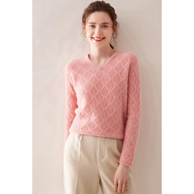 Women’s Heavy Knit Wool V-Neck Sweater – Long Sleeve, Loose Fit, Cashmere Blend, Age-Defying Style