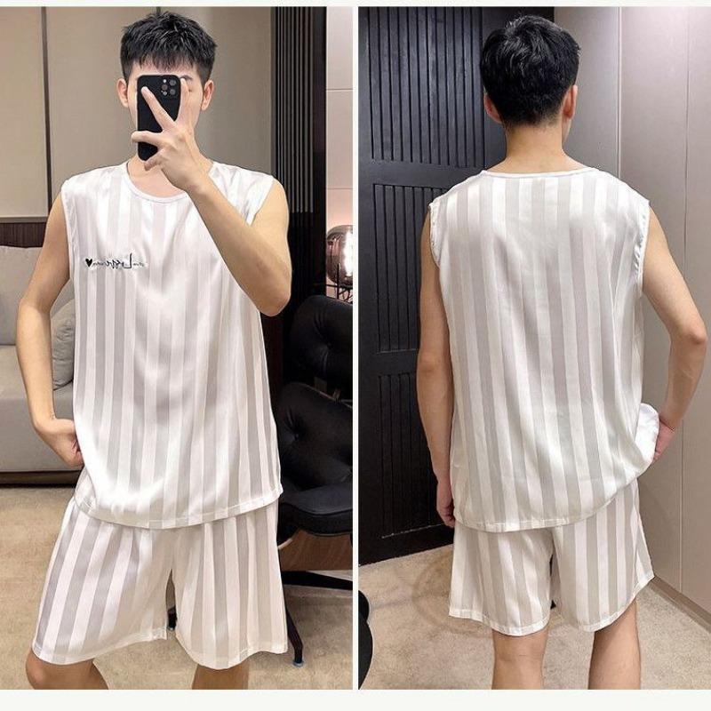 Men Ice Silk Pajamas Homewear Tops and Pants Youth Sleepwear Loungewear Two Piece Set Fashion Striped Casual Nightwear