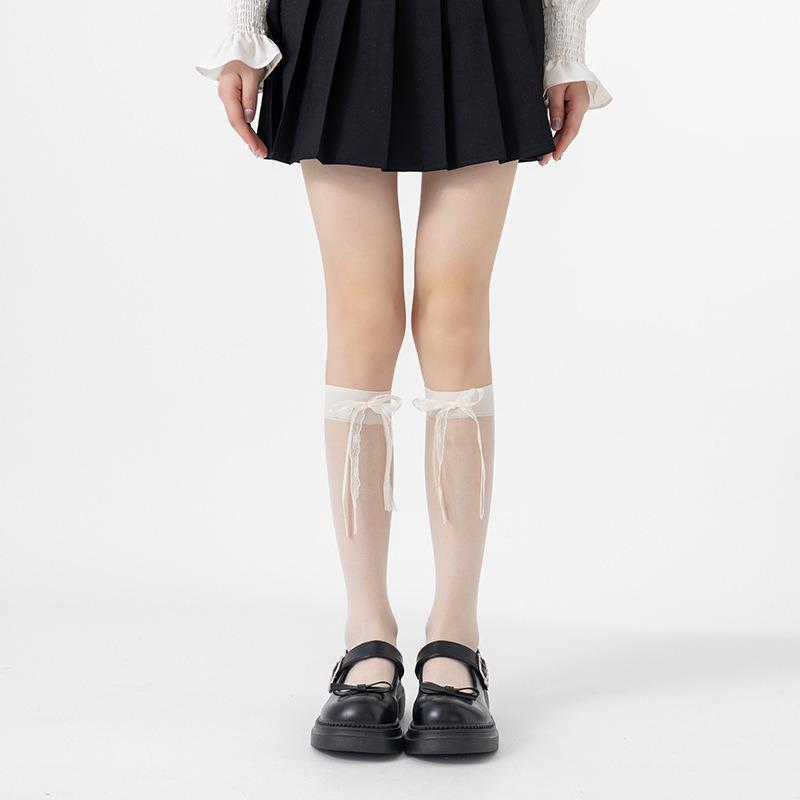 

Женские летние тонкие кружевные носки с кружевным бантом, прозрачные, балетного стиля, длинные 1 pair