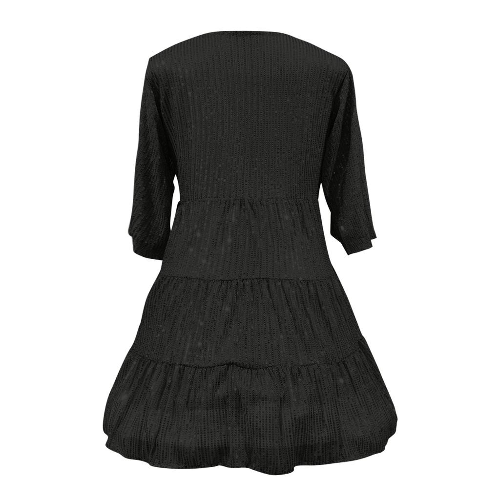 Ladies Fashion Color Loose Waist Short Sleeve Skirt Dress Party Sequin Dress