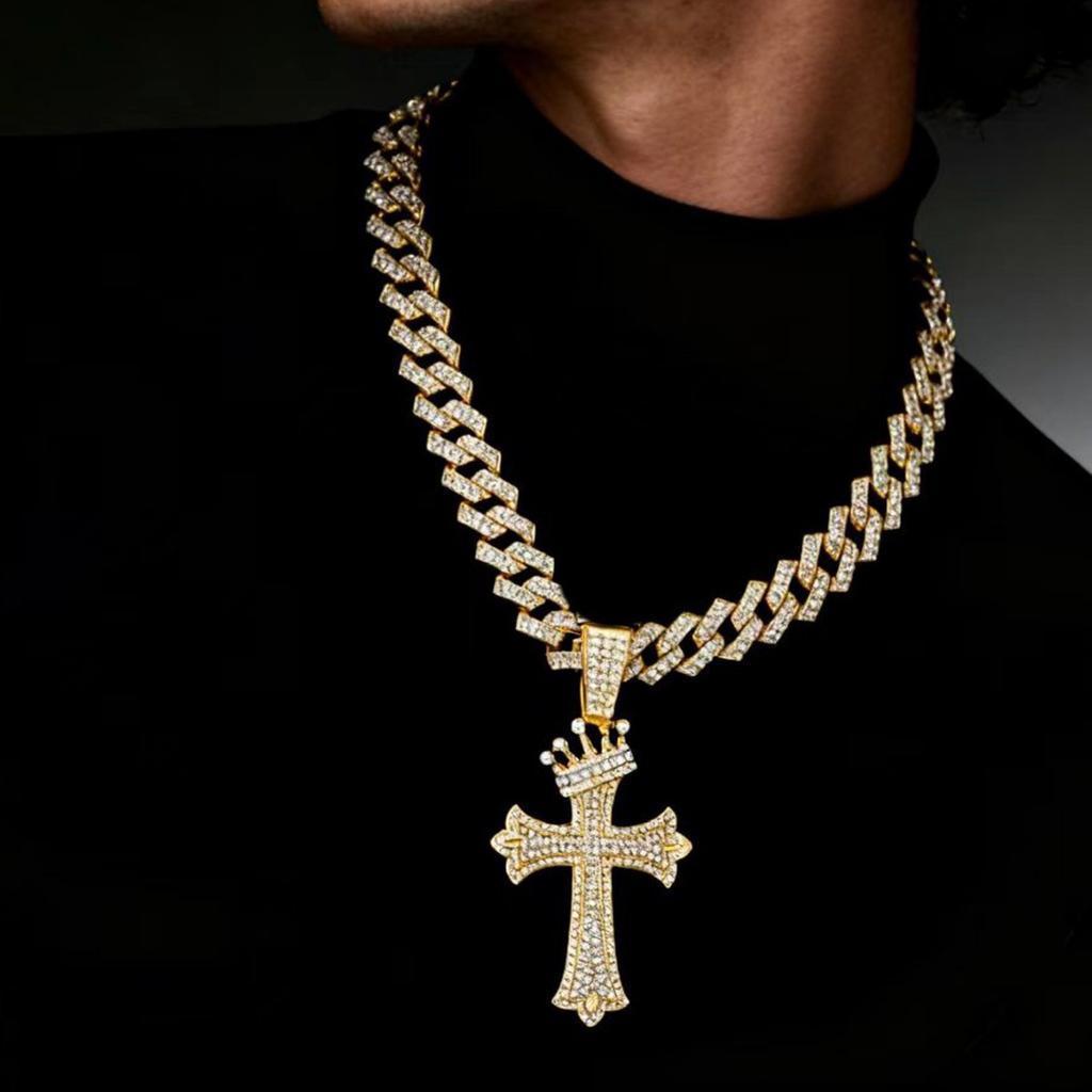 Fully Diamond-encrusted Crown Cross Pendant, Eco-friendly Electroplated Alloy, Diamond-inlaid Cuban Necklace Jewelry