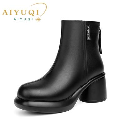 Women Ankle Boots Genuine Leather High Heel Women Dress Boots Retro Natural Wool Winter Boots Women