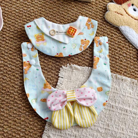Bear Print Pet Bib Adjustable Snap Button Cute Cat Bandana Bib Sweet Striped Dog Bib for Small Medium Dogs Cats