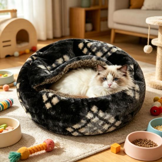 Plüsch-Katzenbett mit Kapuze, halbgeschlossenes beruhigendes Nest, selbstwärmende Höhle, gemütliches Bett für Wohnungskatzen oder kleine Hunde, abnehmbarer waschbarer Bezug mit