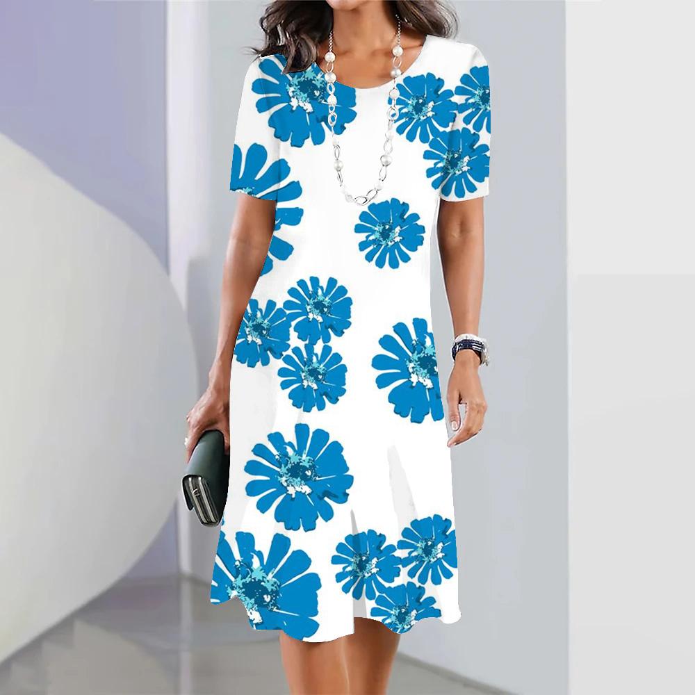 Blue Floral Women's Summer Short Sleeve Dress Fashion Party 3D Print Round Neck Knee-Length Dress 2026