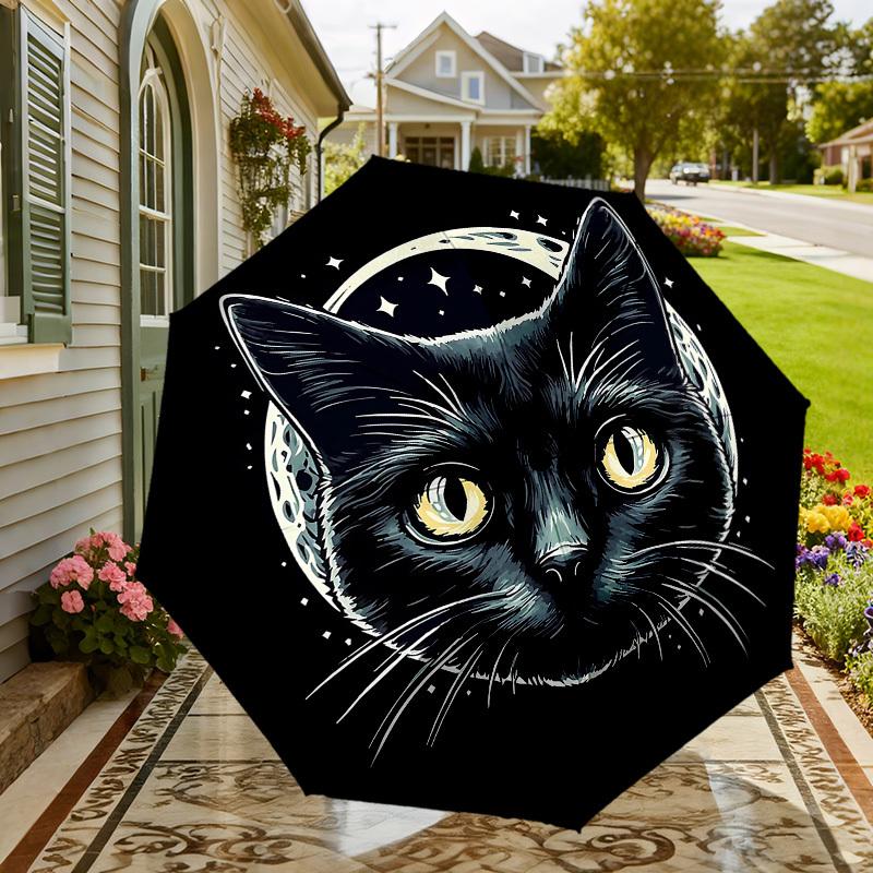 Starry Night Cat Moonlight Adventure Umbrella: Automatic Opening & Closing, Outdoor Travel Companion, Lightweight and Durable
